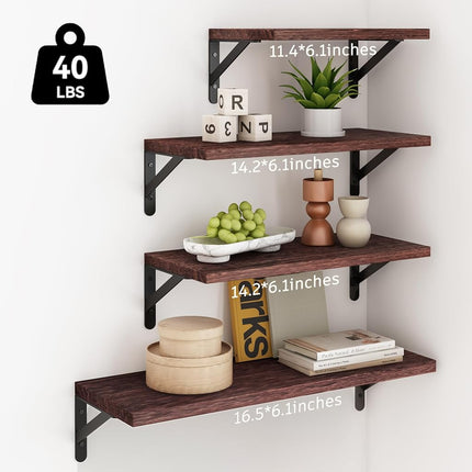 YGEOMER Floating Shelves for Wall, Different Sizes Walnut Red Brown Wall Shelves for Living Room, Bathroom, Bedroom, Kitchen, Home Decor (Set of 4)
