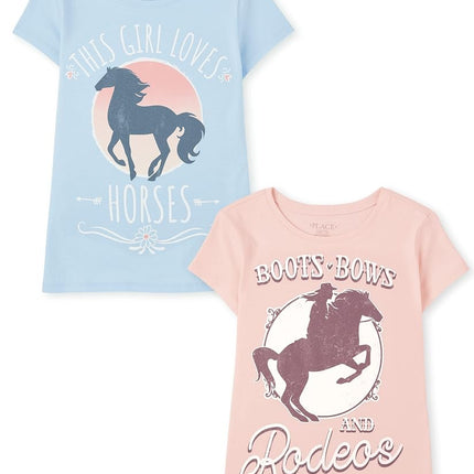 The Children's Place Girls' Short Sleeve Graphic T-Shirt 2-Pack, Boots Bows & Rodeos/This Girl Loves Horses, XX-Large