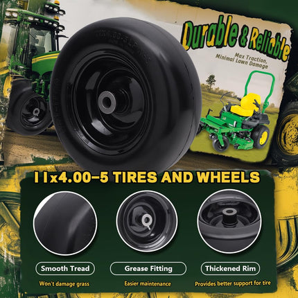 Wiltire 11x4.00-5 Flat Free Tire and Wheel (2 Pack),Universal 11x4-5 Solid Smooth Tractor Turf Tire with Rim, 3.4" Centered Hub and 3/4" & 5/8" Bushing, For Zero Turn Mowers and Riding Lawn Mower