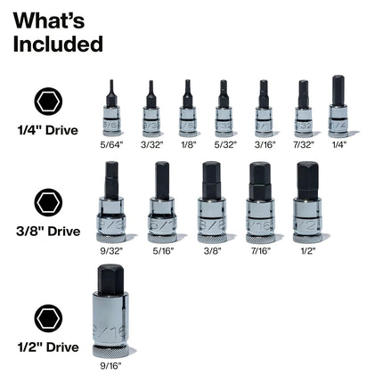 Klein Tools 65213HEX Knurled Hex Bit Socket Set, 1/4, 3/8 and 1/2-Inch Drives, Premium Cr-V Steel, SAE Sizes 5/64 to 9/16-Inch, MODbox Case, 13-Piece