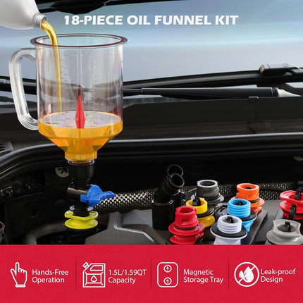 18-Piece Engine Oil Funnel Set, 1.36 qt Automotive Oil Funnel Kit with 12 Adapters, Elbow Fitting, Arrow Screen and Magnetic Storage Hooks Tray, Compatible with GM, Ford, BMW, Audi, Land Rover Etc