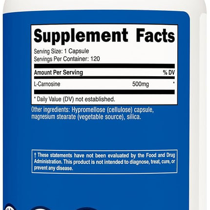 Nutricost L-Carnosine 500mg, 120 Capsules - Veggie Capsules, Non-GMO, Gluten Free, Muscle Function & Strengthening