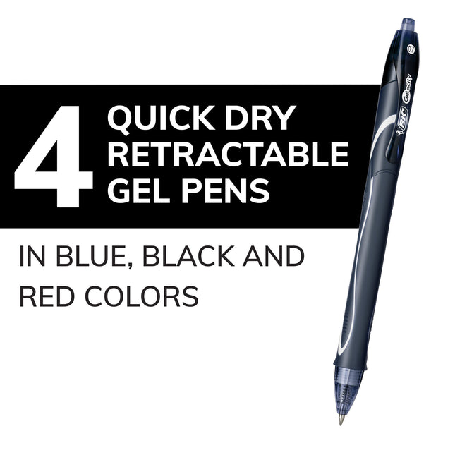 Stylo Gel Rétractable BIC Gel-ocity Quick Dry, Pointe Moyenne (0,7 mm), Couleurs Assorties, Paquet de 4