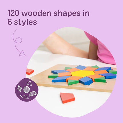 Melissa & Doug Pattern Blocks and Boards - Classic Toy With 120 Solid Wood Shapes and 5 Double-Sided Panels, Multi-coloured - STEAM Toy, Tangrams Puzzle For Kids Ages 3+