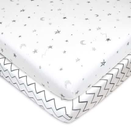American Baby Company 2 Pack Printed 100% Natural Cotton Jersey Knit Fitted Pack N Play Playard Sheet, Grey Stars and Zigzag, Soft Breathable, for Boys and Girls