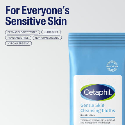 Cetaphil Face and Body Wipes, Gentle Skin Cleansing Cloths, 50 Count, Twin Pack, for Dry, Sensitive Skin, Flip Top Closure, Great the Gym, Travel, in Car, Hypoallergenic, Fragrance Free, White