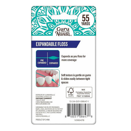 GuruNanda Expandable Waxed Dental Floss for Gentle, Deep Cleaning Wide Teeth Flossing - Peppermint Flavor - 55 Yards