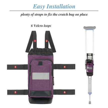 Crutch Bag Lightweight Crutch Accessories Storage Pouch with Reflective Strap and Front Zipper Pocket for Universal Crutch Bag to Keep Item Safety (Purple)