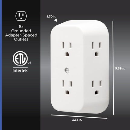 GE 6-Outlet Extender, 2 Pack, Grounded Wall Tap, Adapter Spaced Outlets, 3-Prong, Quick and Easy Install, UL Listed, White, 40222