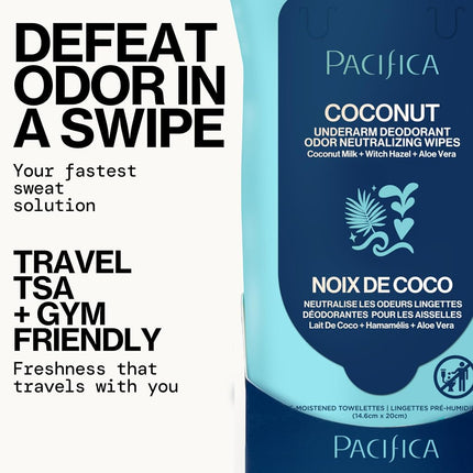 PACIFICA Lingettes déodorantes pour aisselles - Lait de coco et huile essentielle pour femme, 30 lingettes, BLANC, (Lot de 1)