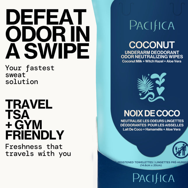 PACIFICA Lingettes déodorantes pour aisselles - Lait de coco et huile essentielle pour femme, 30 lingettes, BLANC, (Lot de 1)
