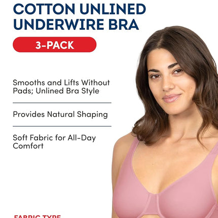 Fruit of the Loom Women's Unlined Underwire Bra-Cotton & Spandex Blend for Natural Shape and Flexibility Full Coverage, 1 inches, Dancing Rosebuds/Lilas/Grey, 42D (Pack of 3)