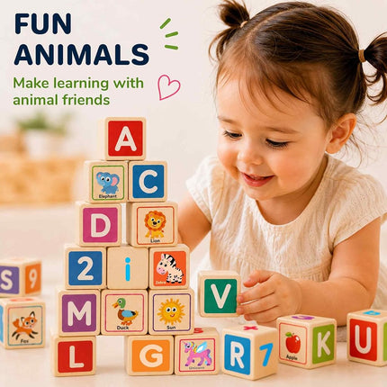 QUOKKA Wooden Blocks for Toddlers 1-3 - Cartoon 26 ABC Learning Baby Blocks for Kids 3-5-Year-Olds Stacking Alphabet Wood Toys for 2-4 yo - Educational with Letters Numbers