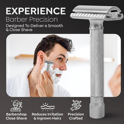 Parker THE VARIANT CLOSED COMB - ADJUSTABLE Double Edge Safety Razor, Customize your Shave with a Turn of the Dial from Mild to Aggressive - 5 Blades Included (SATIN CHROME)