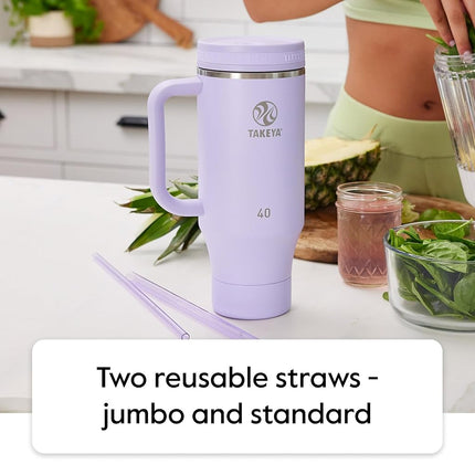 Takeya Straw Tumbler with Handle - for Coffee, Water & More - Durable with Built-in Silicone Coaster & 2 Straws - Double Stainless Steel Insulation - 40 oz, Blush