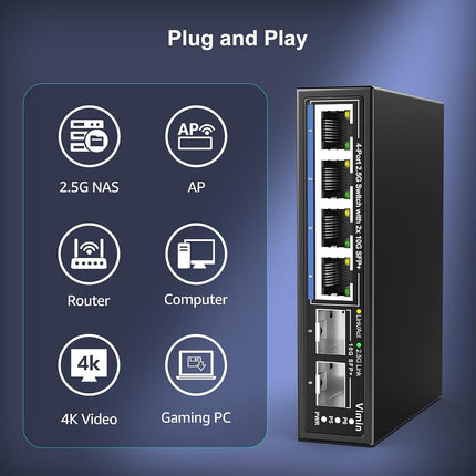 6 Port 2.5G Unmanaged Switch with 2x10G SFP, 4X 2.5Gbase-T Ports, 2X 10G SFP+ Port, 60Gbps Switching Capacity, IEEE802.3, Metal Housing,Work for 2.5Gbps NAS, Wireless AP & PC