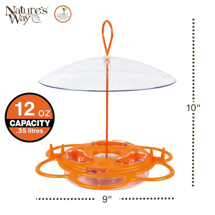 Nature’s Way Multi-Station Oriole Feeding Center with Ant Moat & Weather Baffle, Metal & Plastic Wild Bird Feeder, 12 oz Nectar Capacity, Orange