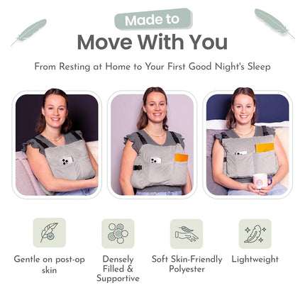 MOYOAMA Bundle Grey Plush: Mastectomy Pillow IR Design with Shower Bag, 2X Coldpacks, and Seatbelt Pillow