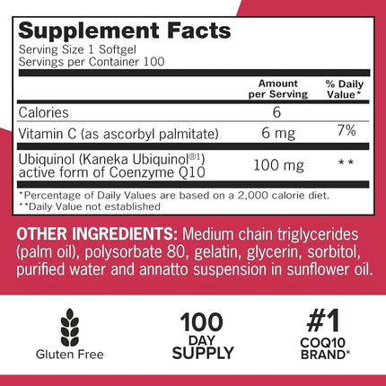 Qunol Mega Ubiquinol 100mg CoQ10, Superior Absorption, Patented Water and Fat Soluble Natural Supplement Form of Coenzyme Q10, Antioxidant for Heart Health, 100 Count Softgels.