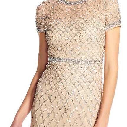Adrianna Papell womens091904940Short-sleeve Beaded Mesh Gown Short-Sleeve Dress - Metallic - 14 Champagne