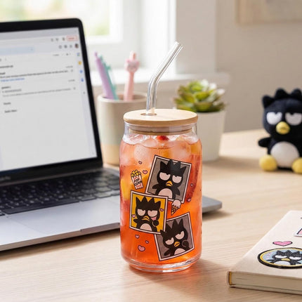 Silver Buffalo Sanrio Hello Kitty and Friends Badtz-Maru Polaroids Glass Jar Tumbler with Bamboo Lid and Glass Straw, 16 Ounces