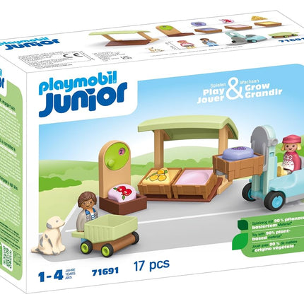 Playmobil 71691 JUNIOR: Organic Market Stall and Forklift, educational toy, made from over 90% plant-based plastics, fun imaginative role-play, playset suitable for children ages 1+