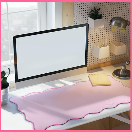 Hahafelt Scalloped Desk Mat Large Scalloped Piping Cute Desk Mat Aesthetic Preppy Table Pad Large Nonslip Pad with Edge Stitching Waterproof Gaming(Pink,36 x 17 Inches)