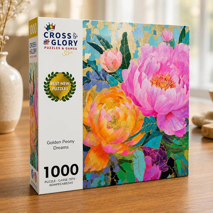 Golden Peony Dreams - Beautiful 1000-Piece Jigsaw Puzzle for Adults | Vibrant Mosaic-Inspired Artwork with Gold Leaf Details | Premium Quality & Eco-Friendly | Cross & Glory Masterpiece Collection