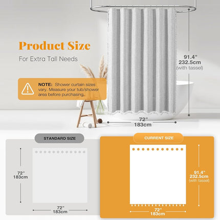 BTTN 72 x 90 Boho Linen Heavy Duty Cloth Shower Curtain Set, Grey/Gray