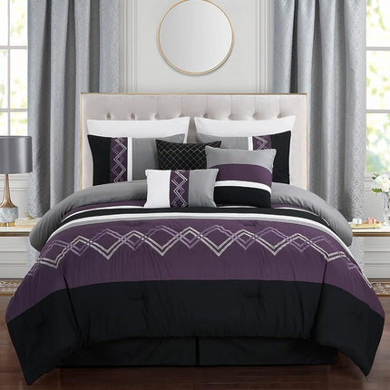 Chezmoi Collection Arden 7-Piece Modern Pleated Stripe Embroidered Zigzag Bedding Comforter Set (Oversized King, Purple/Black/Gray/White)