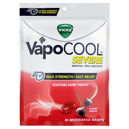 Vicks VapoCool Pastillas para dolor de garganta severo medicadas, Mentol de máxima potencia, Alivia el dolor de garganta, Sabor cereza, 45 unidades