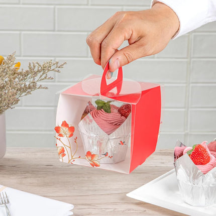 Restaurantware-4 Inch x 4.25 Inch Individual Cupcake Boxes, 100 Disposable Cupcake Display Boxes - with Handle, Bird Accent, Clear Plastic Single Cupcake Containers, for Weddings Or Birthdays