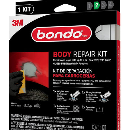 Bondo Body Repair Kit Ready Mix Pouches, Repairs One Large Hole Up to 3" with Patch, 1 Original Filler & Hardener, 1 Fiberglass Filler & Hardener, 1 Self-Adhesive Body Patch, 1 Spreader (BRKIT-2PK-ES)