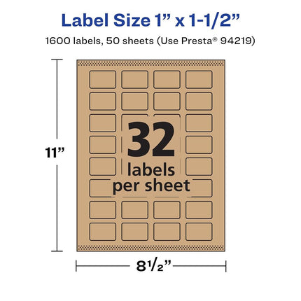 Avery Kraft Brown Rectangle Labels with Sure Feed, 1" x 1.5", 1,600 Kraft Brown Labels, Print-to-The-Edge, Laser/Inkjet Printable Labels