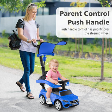 Licensed Mercedes Benz Push Car for Toddlers by INFANS, 3 in 1 Sliding Walking Car with Push Handle, Horn, Music, Underneath Storage, Foot-to-Floor Ride on Toys for Boys Girls (Blue)