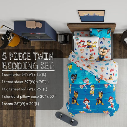 Franco Kids Bedding Super Soft Comforter and Sheet Set with Sham, 5 Piece Twin Size, Paw Patrol Boys