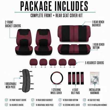 FH Group FB030BURGUNDY-COMBO Seat Cover Combo Set with Steering Wheel Cover and Seat Belt Pad (Airbag Compatible and Split Bench Burgundy)