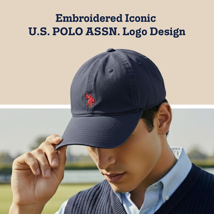 U.S. POLO ASSN. Mens Mens Washed Twill Cotton Adjustable Baseball Hat with Pony Logo and Curved Brim, Navy Blue, One Size