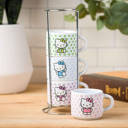 Silver Buffalo Sanrio Hello Kitty Polka Dots 4pc Stackable Ceramic Espresso Small Cup Set, 3 Ounces
