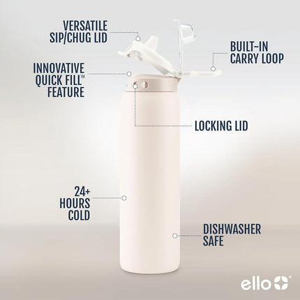 Ello Pop & Fill 32oz Stainless Steel Water Bottle with QuickFill Technology, Double Walled and Vacuum Insulated Metal, Leak Proof Locking Lid, Sip and Chug, Reusable, BPA Free, Cream