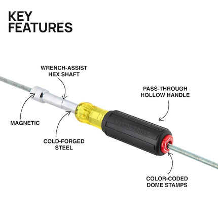 Klein Tools 65412 Heavy Duty Hollow Shaft Nut Driver, Color-Coded 1/2-Inch Hex, Pass Through Design, 6-Point, Cushion-Grip Handle