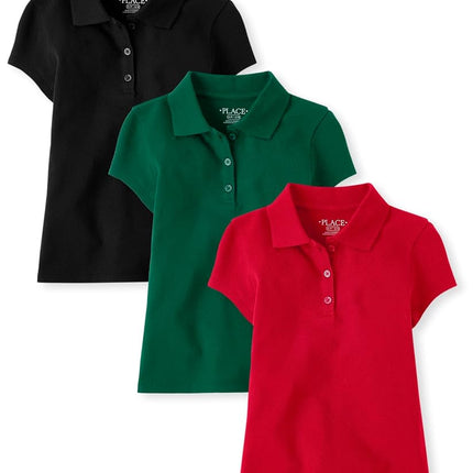 The Children's Place Girls' Multipack Short Sleeve Pique Polos, Spruceshad/Daybreak/White 3-Pack, Medium