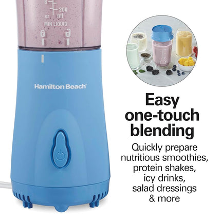 Hamilton Beach Personal Blender for Smoothies & Protein Shakes, Portable Single Serve Blender with Travel Lid, 14 oz BPA-Free Jar, 175W, Compact Countertop Blender, Tranquil Blue, 51172
