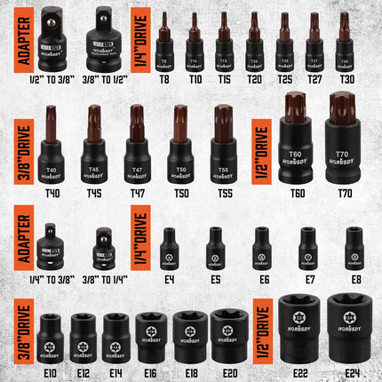HORUSDY 31-Piece Torx Bit Socket and Female External Socket Set | 14 Star Bits (T8- T70) and 12 Female E-Torx Sockets (E4-E24) | 4 Impact Socket Adapter Set