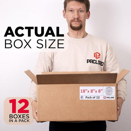 Paclord 12 Pack Medium Cardboard Boxes 18" L x 8" W x 8" H - Made in USA Packaging Boxes for Moving, Shipping or Storage - Approved by