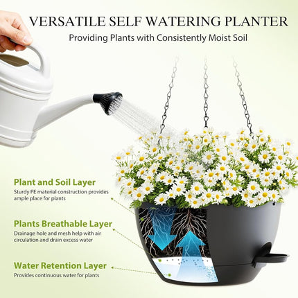 SQKH 10 Inch Hanging Baskets 2 PC with Chains, Self-Watering Hanging Planters for Indoor Outdoor Plants, Plastic Hanging Flower Pots,Black