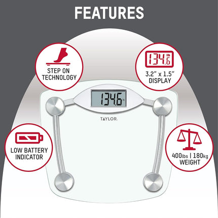 Báscula digital de baño Taylor, báscula de peso corporal de alta precisión, encendido y apagado instantáneo, 180 kg, vidrio transparente resistente con base de acabado cromado