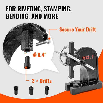 VEVOR Arbor Press, 1 Ton Manual Arbor Press with Handwheel, 15cm Maximum Height, Cast Iron Heavy-duty Manual Desktop Arbor Press, Precision Hand Press for Stamping, Bending, Stretching, Forming