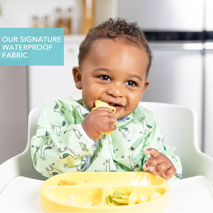 Bumkins Sleeved Bib, Handy Tie Closure for Custom Fit, Catch-All Pocket, Baby-Led Weaning, Waterproof, Machine Washable, Stain & Odour Resistant, BPA Free, 6-24 Months, Llama Design