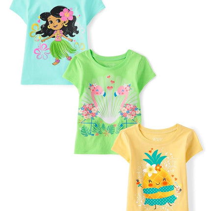The Children's Place Camisetas gráficas surtidas de manga corta para bebé y niña pequeña, paquetes múltiples, Piña/Hula Girl/Flamingo, 5T